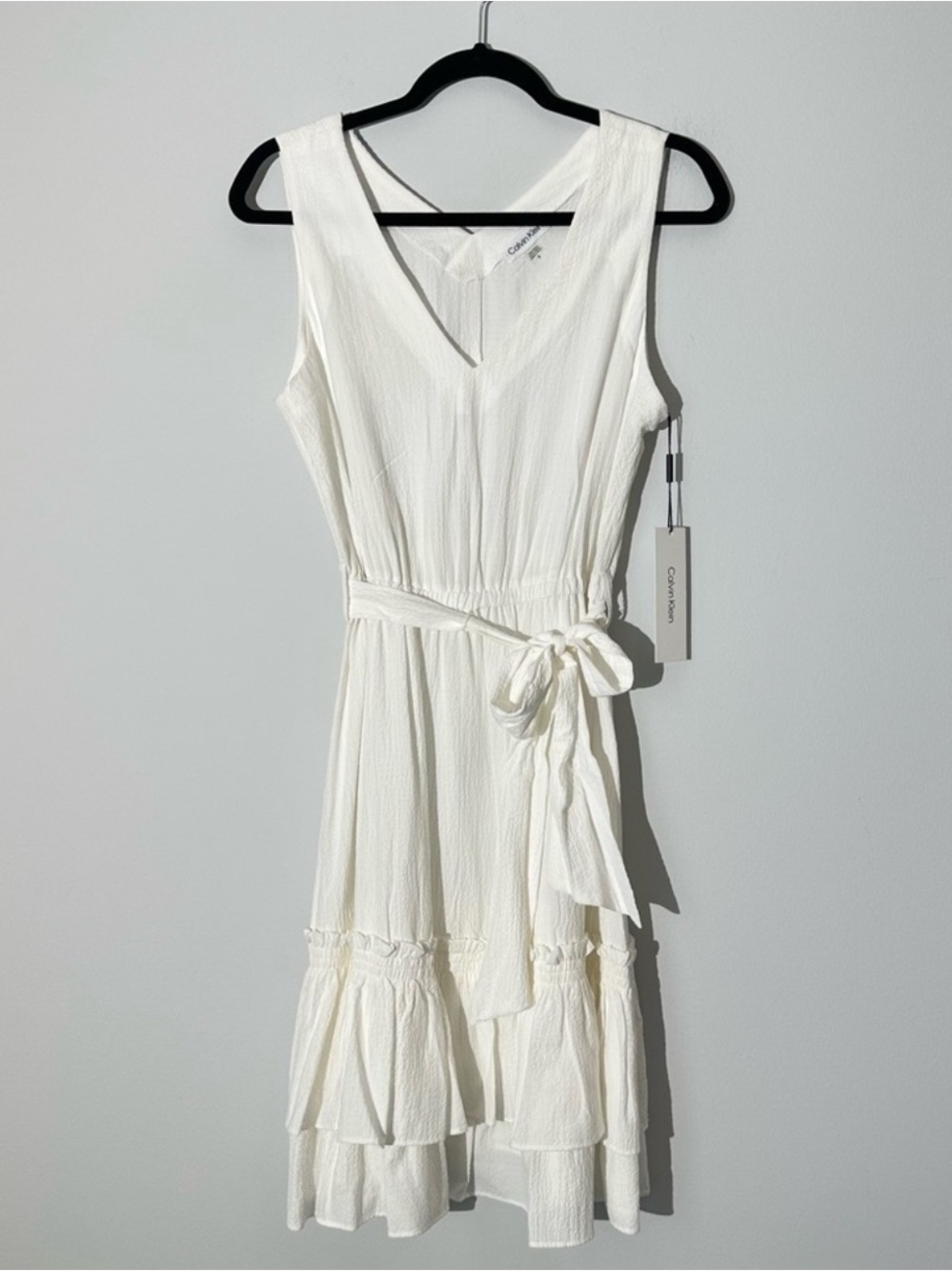 NWT Calvin Klein White V-Neck Tie-Waist Midi Dress Size 8